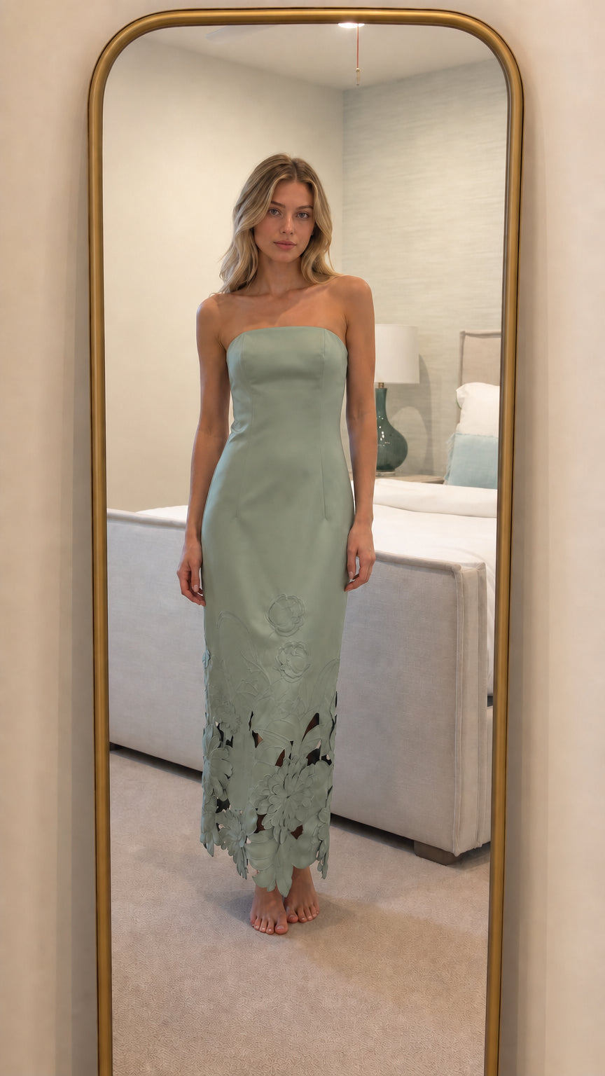 Sage green strapless floral laser-cut maxi dress