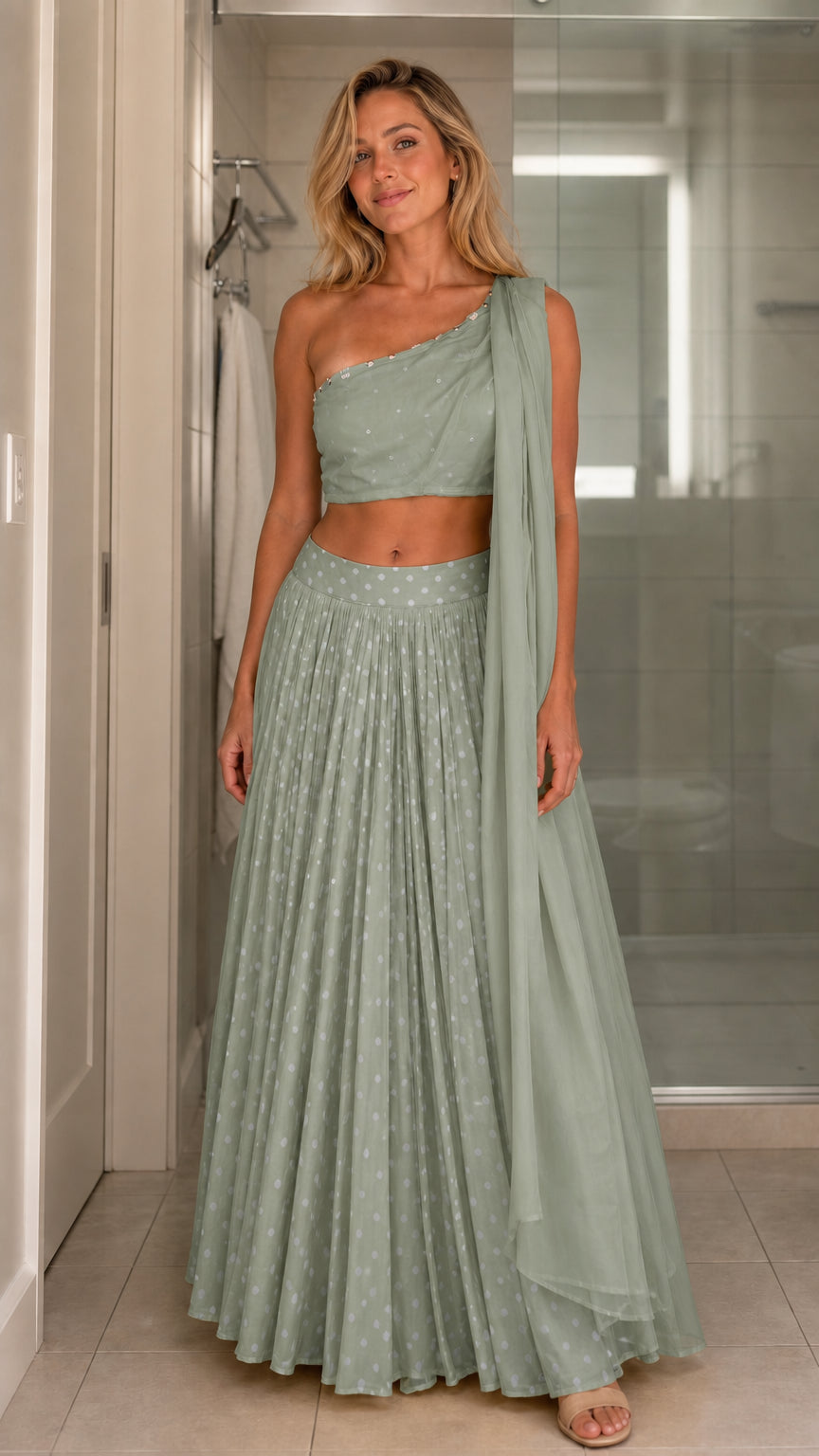 Front view of model wearing sage green two-piece set