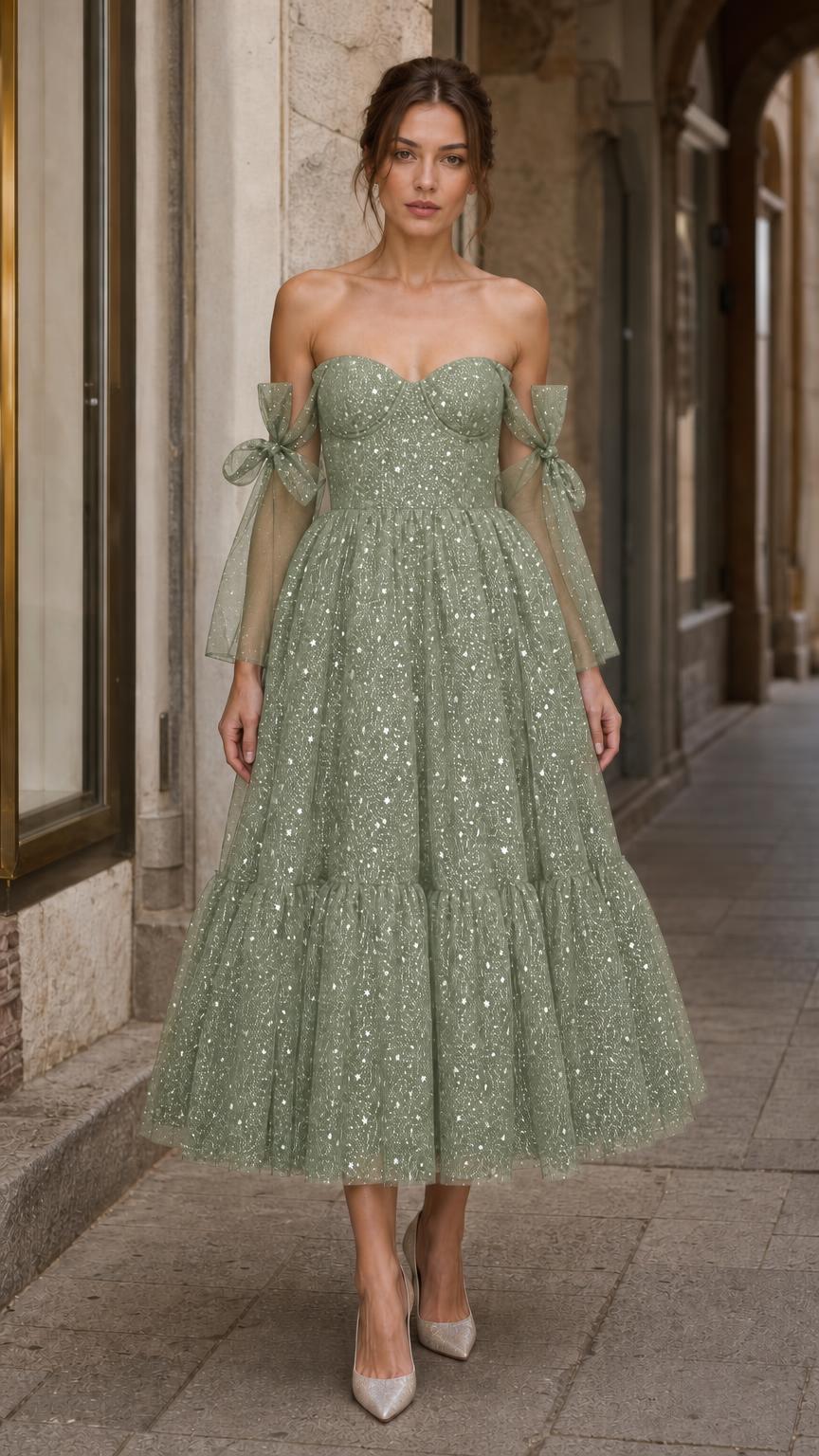 Model wearing sage green starlight tulle midi dress