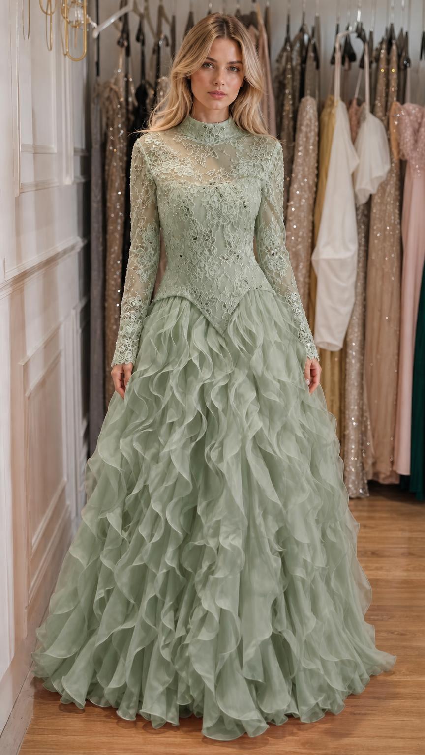 Front view of sage green long-sleeve lace evening gown