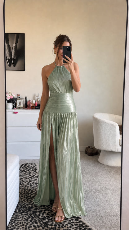Metallic sage green halter pleated maxi dress with high slit
