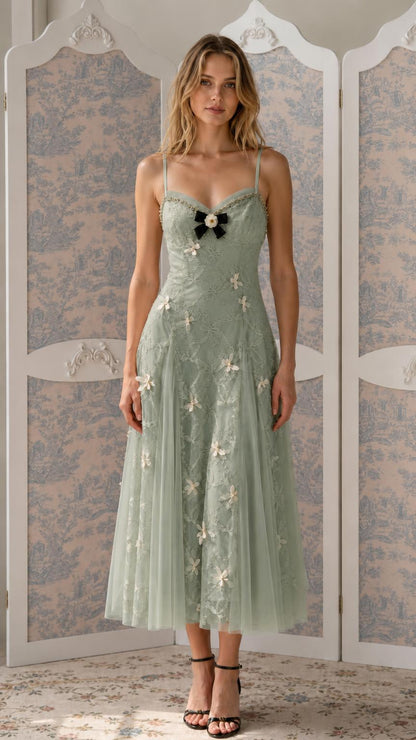 Front view of Sage floral embroidered tulle midi dress