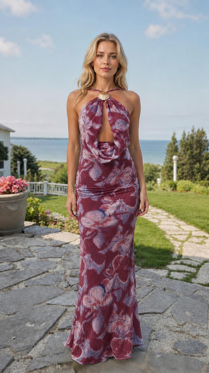 Front view of burgundy floral maxi dress