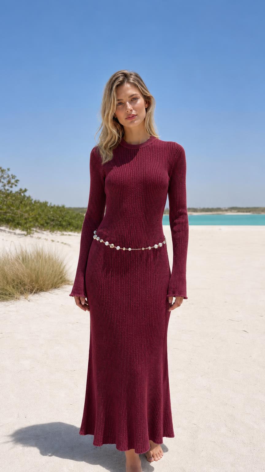 Model wearing burgundy ribbed knit maxi dress