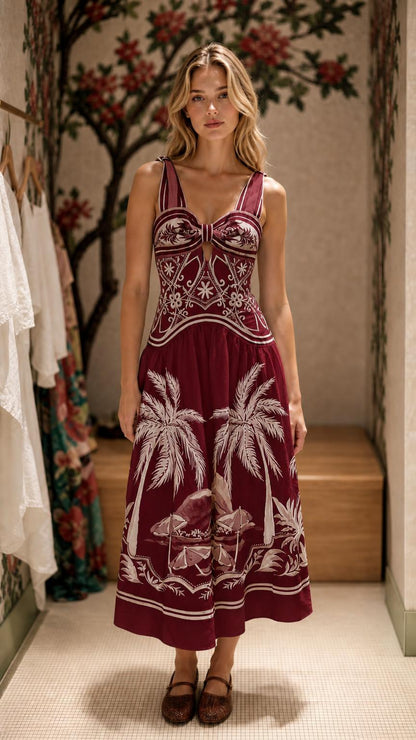 Woman wearing burgundy variant of tropical print midi dress