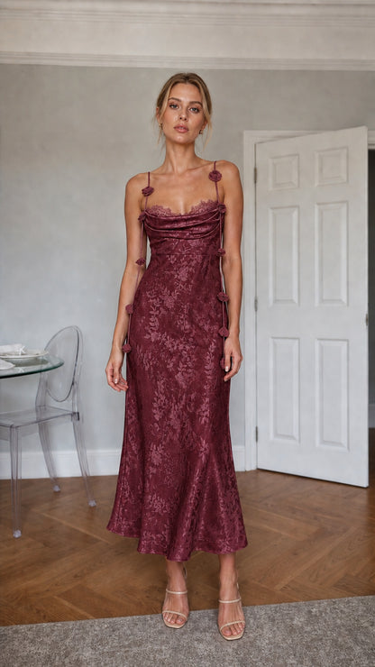 Burgundy satin floral midi dress front view