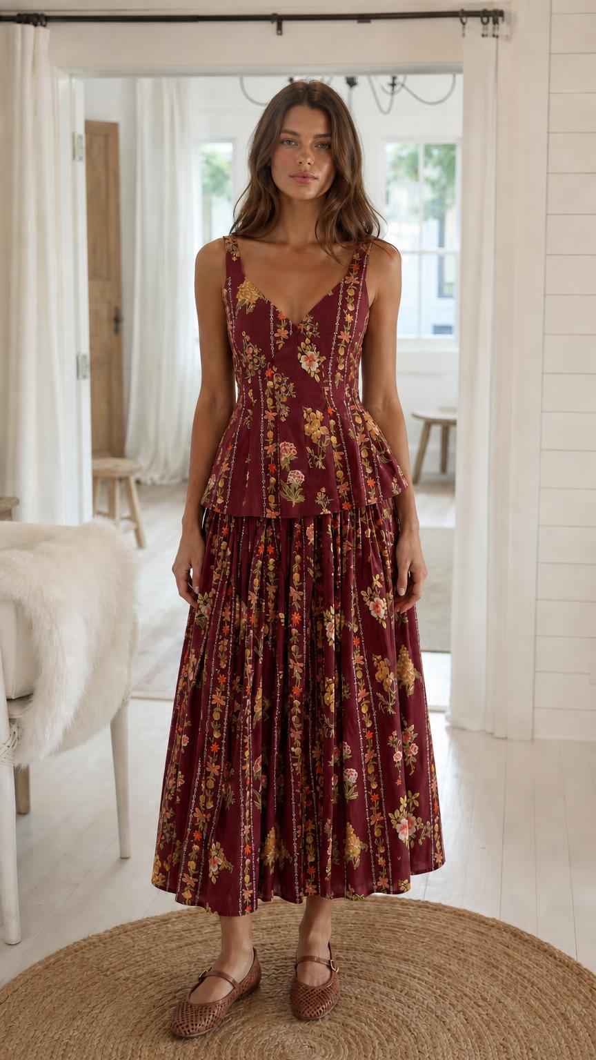 Model wearing burgundy floral print matching set