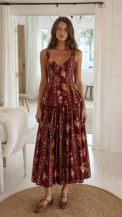Model wearing burgundy floral print matching set
