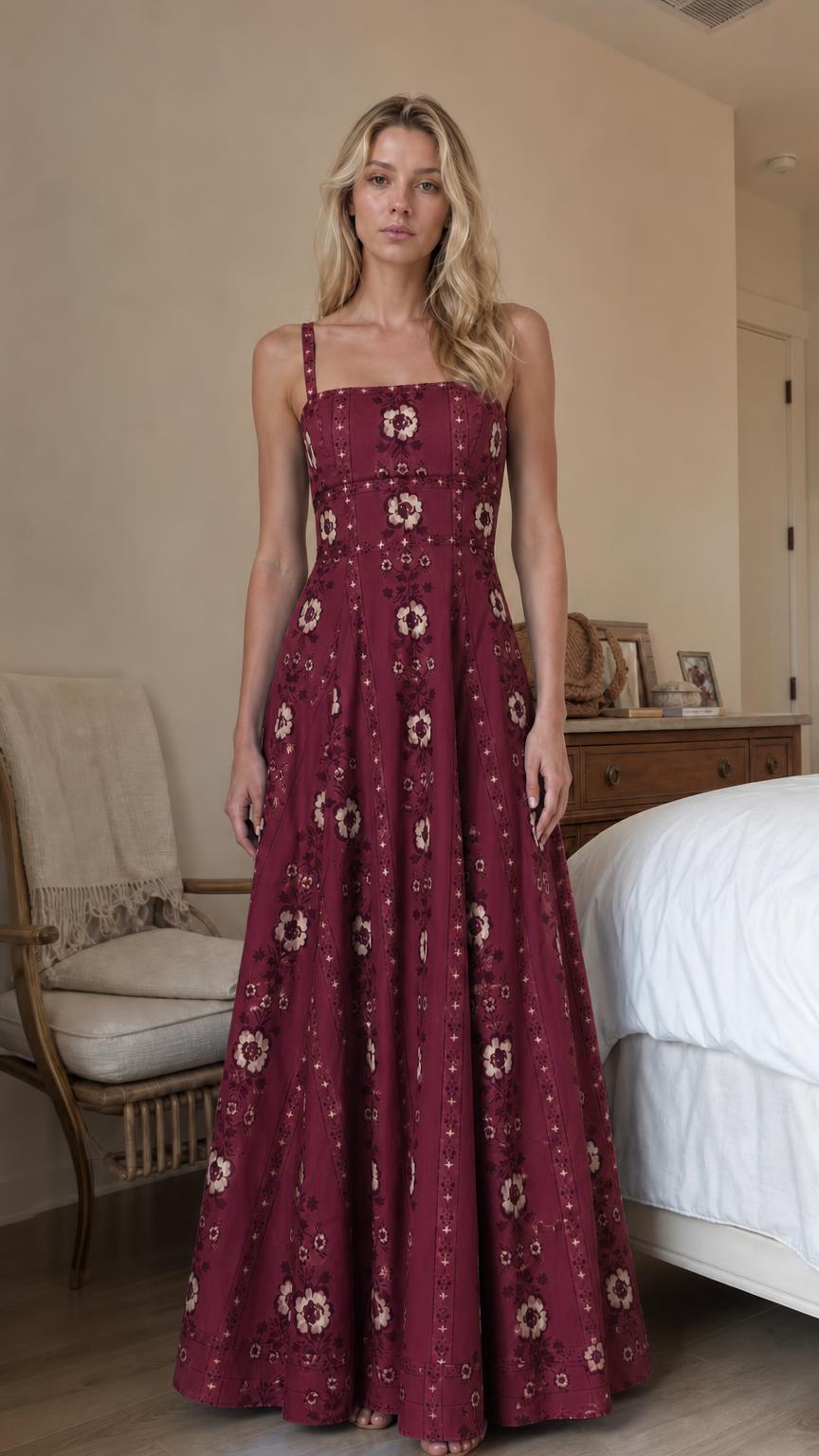 Woman wearing burgundy floral print square neck maxi dress