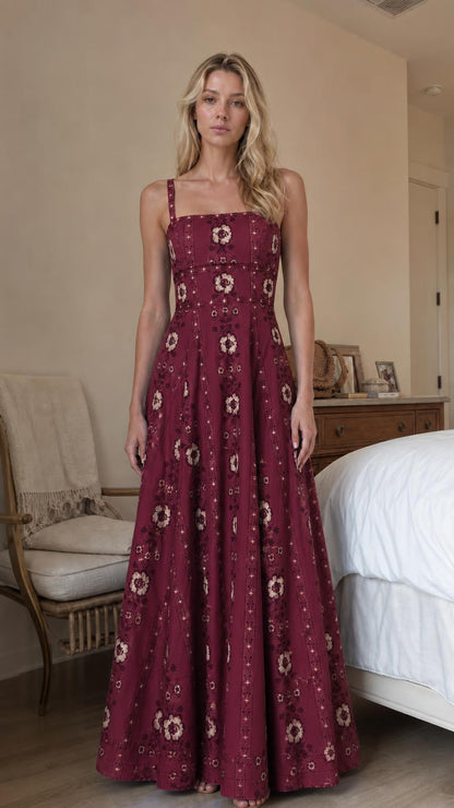 Woman wearing burgundy floral print square neck maxi dress