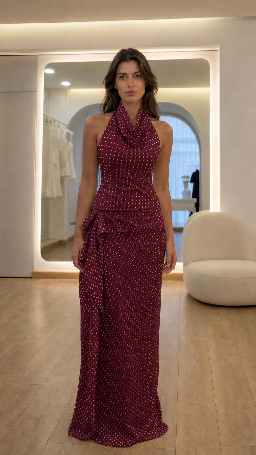 Front view of model wearing burgundy polka dot two-piece set