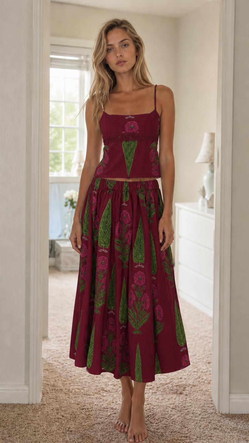 Woman wearing burgundy floral print cami top and midi skirt set