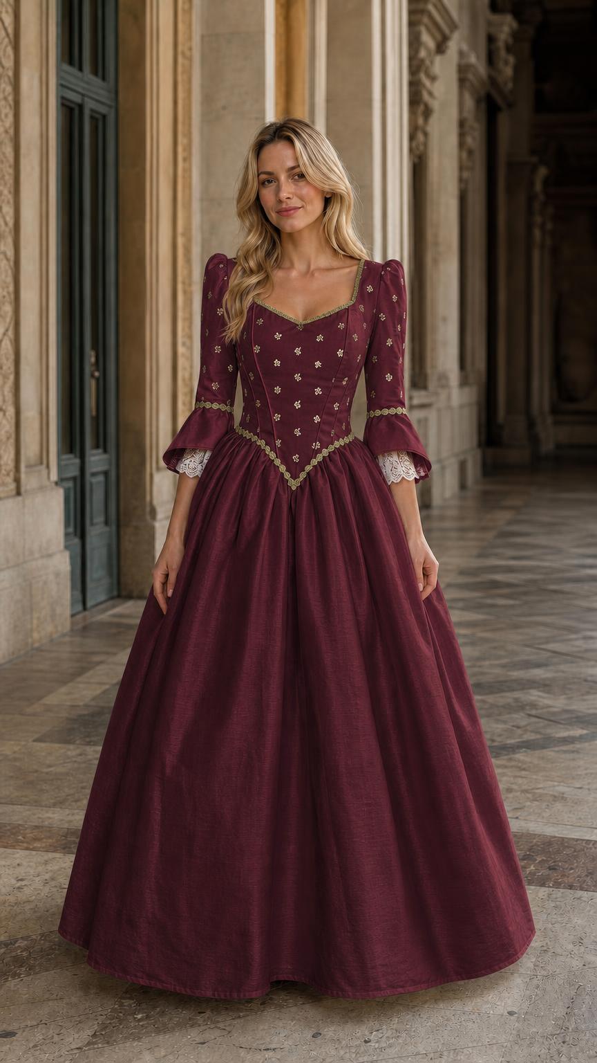 Full view of burgundy Renaissance vintage maxi dress