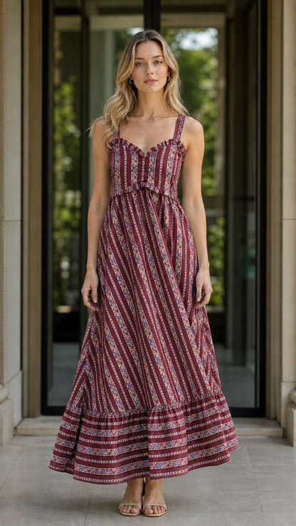 Front view of burgundy floral striped maxi dress variant