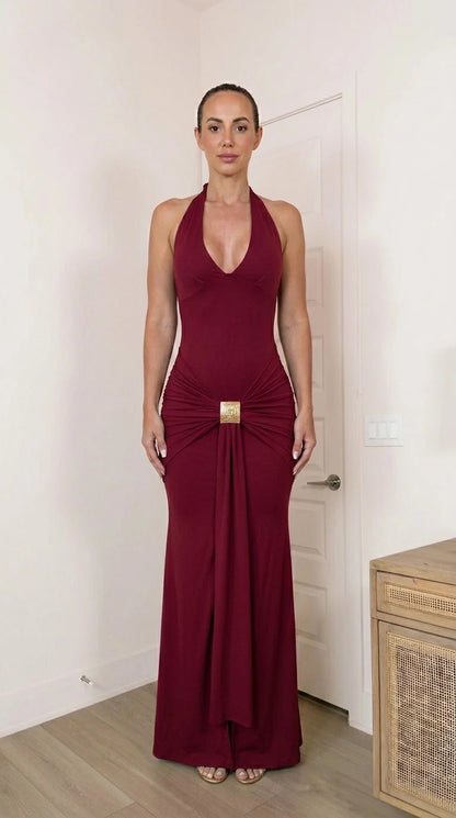 Front view of burgundy halter neck maxi dress