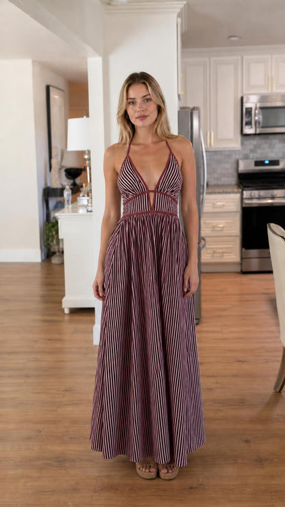 Front view of burgundy and white striped maxi dress