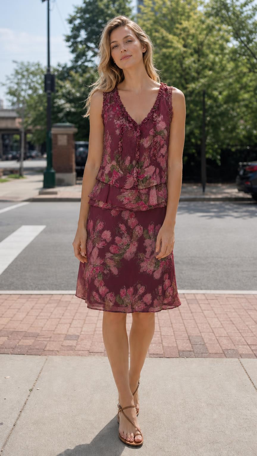 Front view of woman wearing Burgundy floral tiered dress