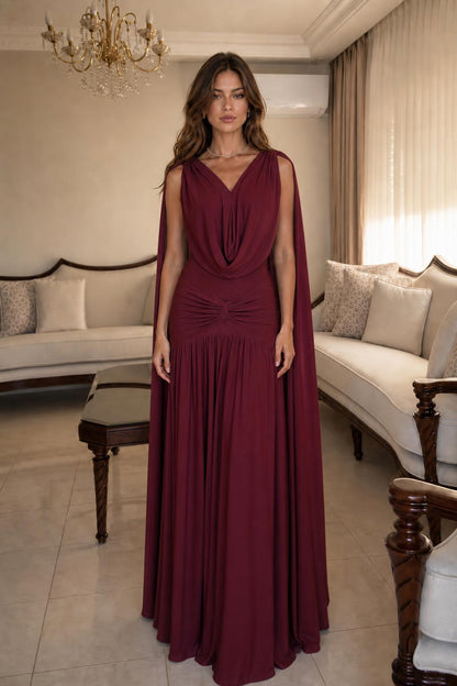 Full-length view of Burgundy formal maxi dress
