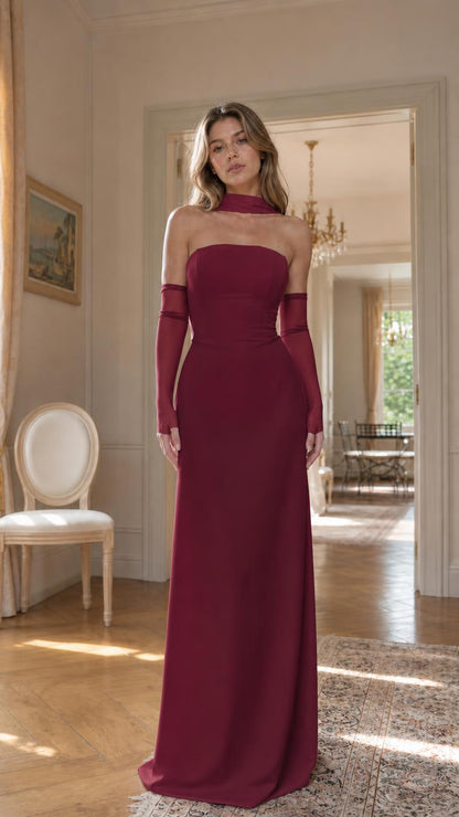 Burgundy evening gown with matching sheer gloves