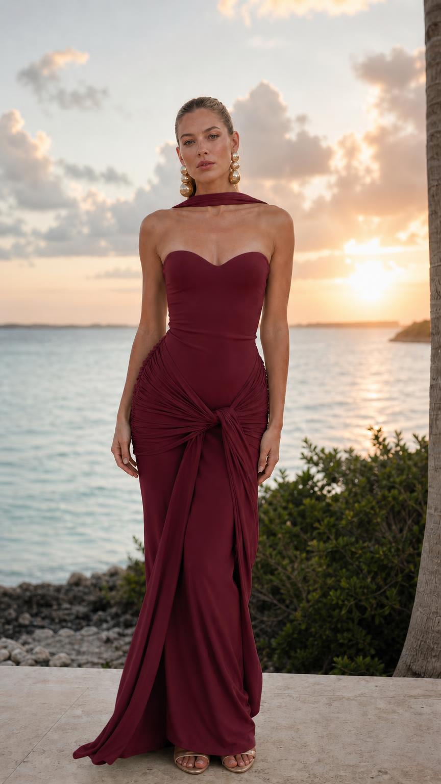 Front view of burgundy strapless maxi dress