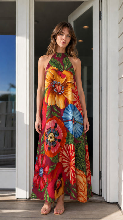 Vibrant floral halter neck maxi dress in burgundy