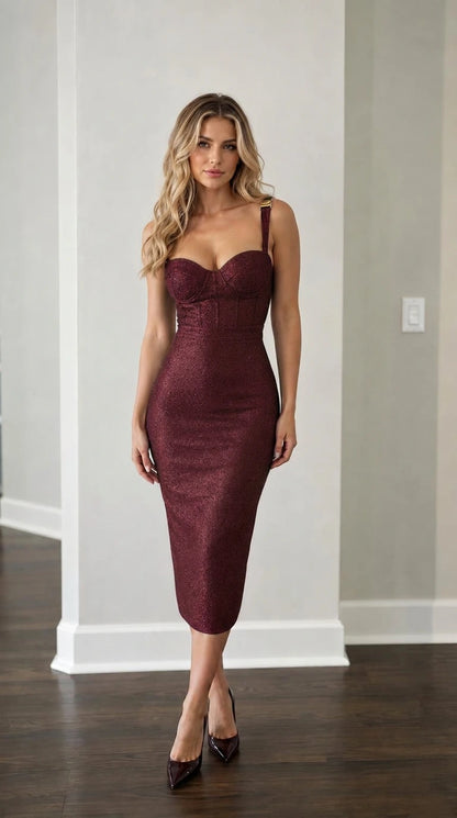 Front view of woman wearing burgundy glitter corset bodycon midi dress