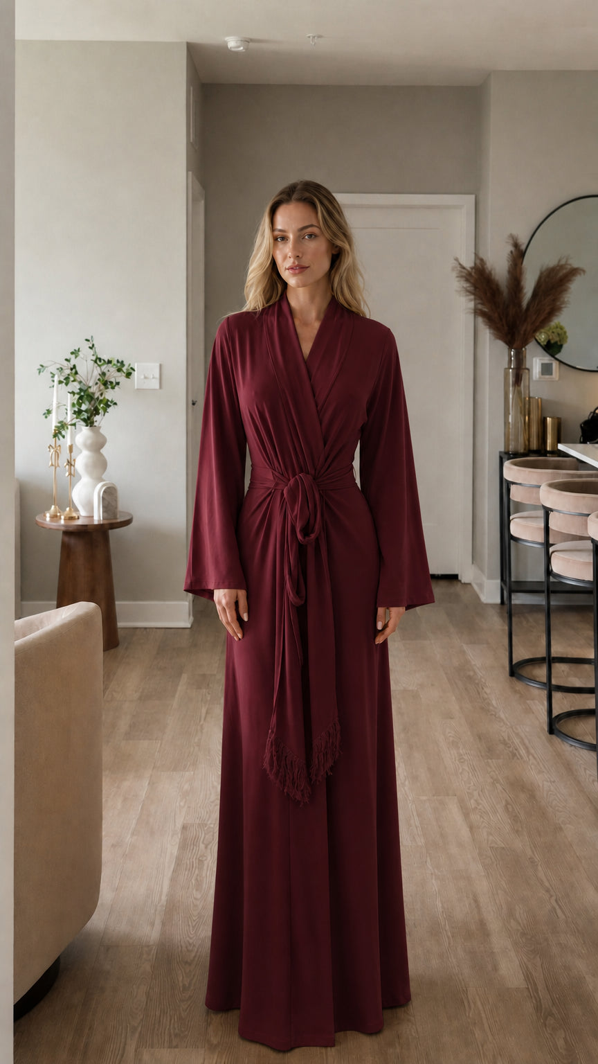 Full-length view of model in burgundy maxi wrap dress