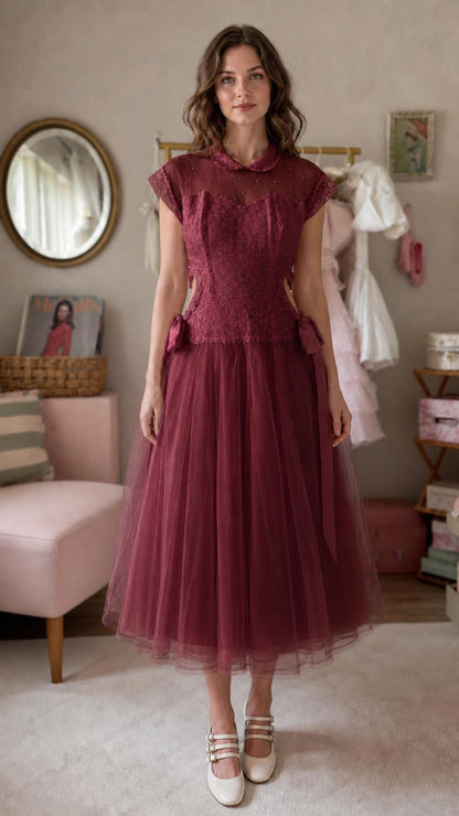 Vintage lace and tulle midi dress in burgundy