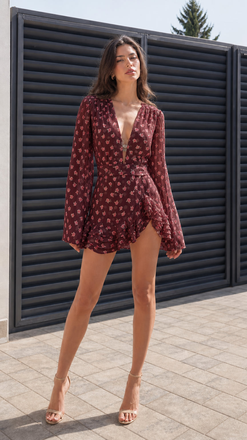 Full front view of model wearing burgundy floral mini dress