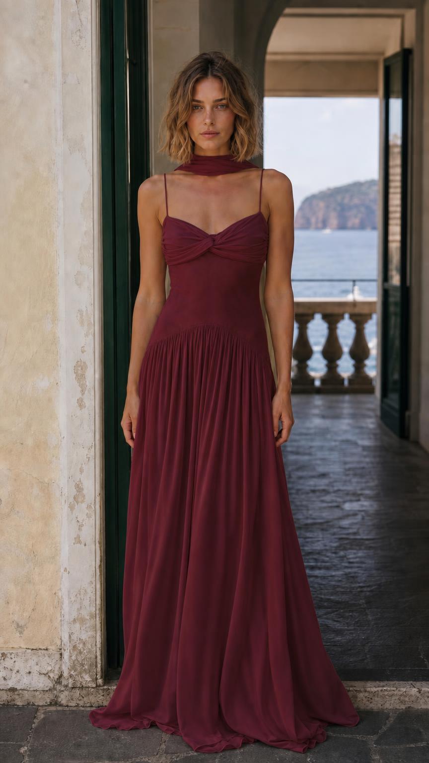 Front view of Burgundy chiffon maxi dress with matching scarf