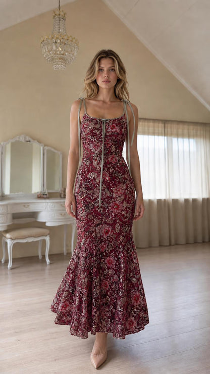 Front view of burgundy floral sequin mermaid maxi dress variant