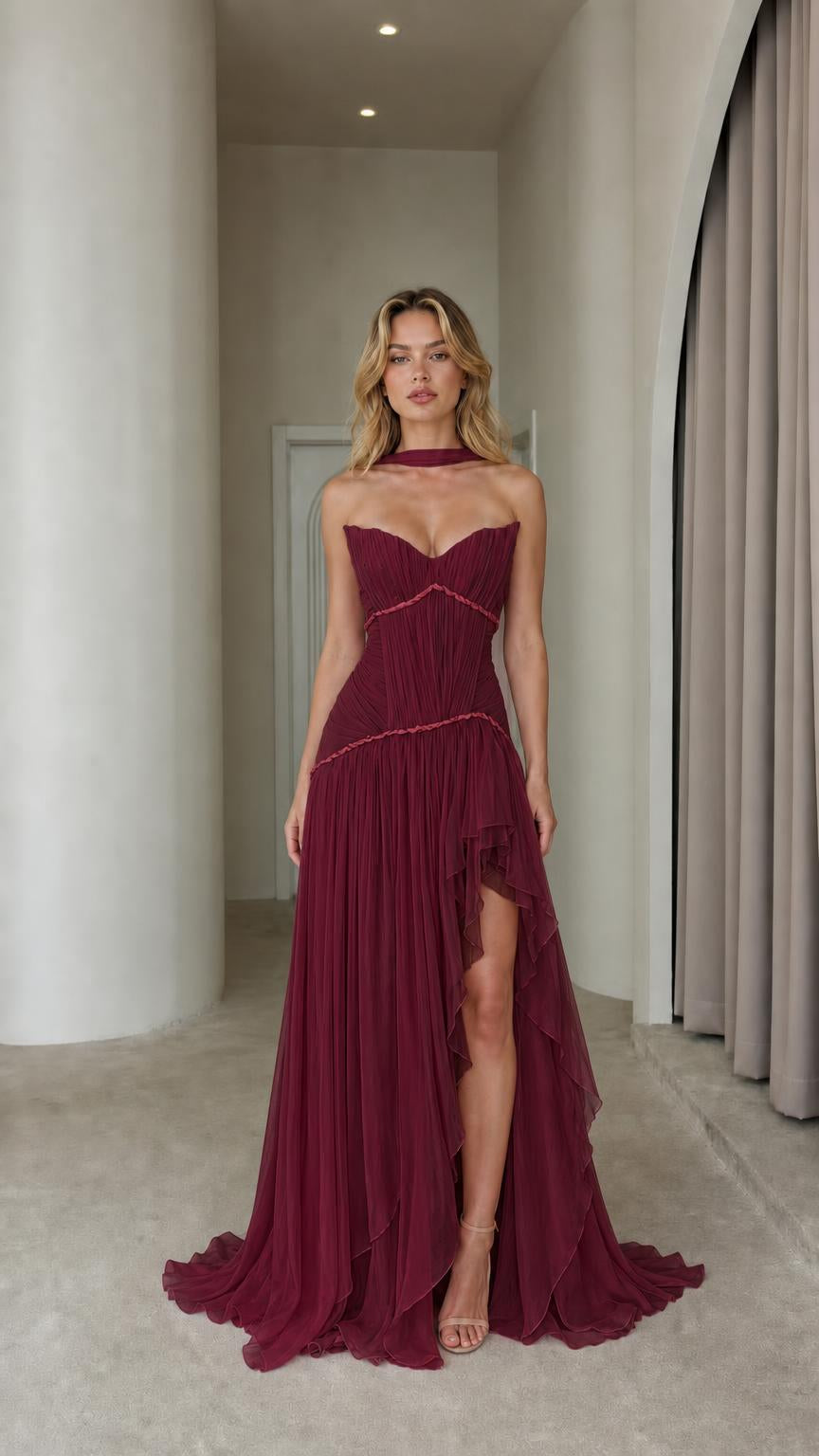 Burgundy elegant evening gown with high slit