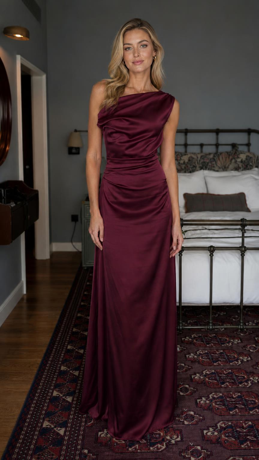 Model wearing burgundy one-shoulder satin maxi dress