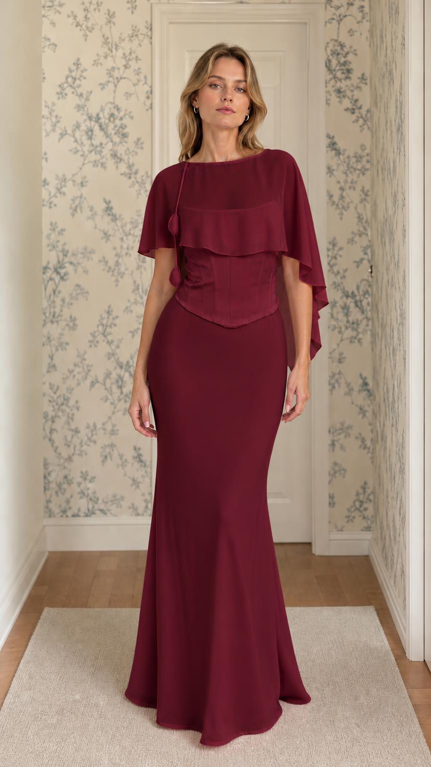 Burgundy chiffon overlay evening dress