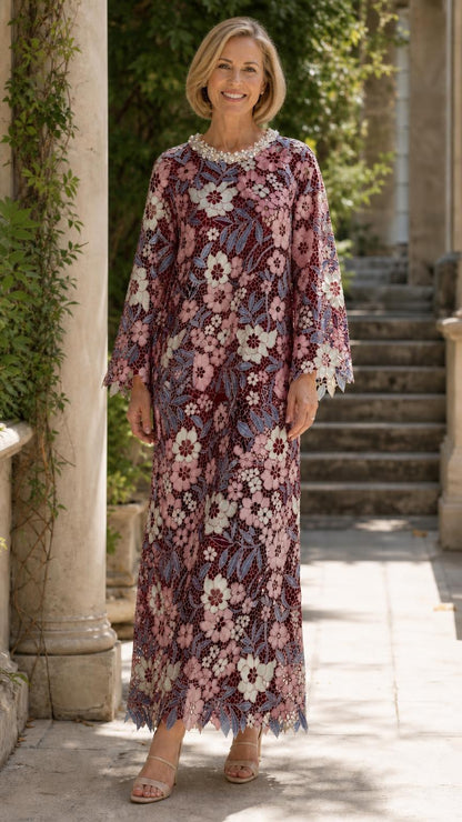Full front view of model wearing burgundy floral lace maxi dress