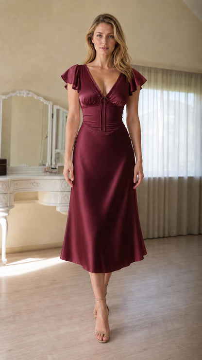 Front view of burgundy satin midi dress