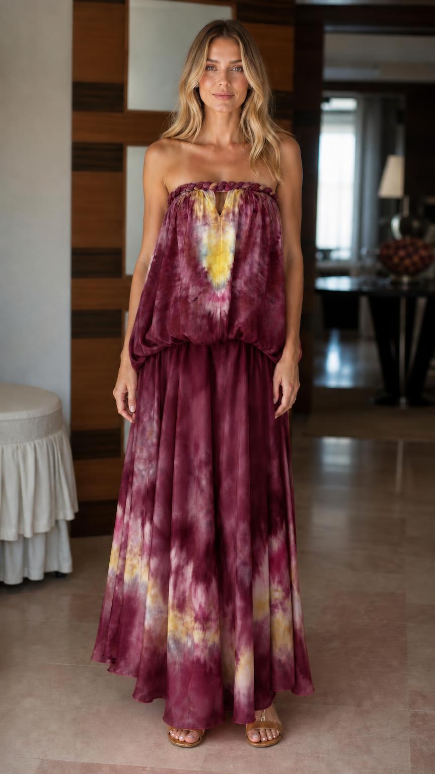 Model wearing burgundy tie-dye strapless maxi dress
