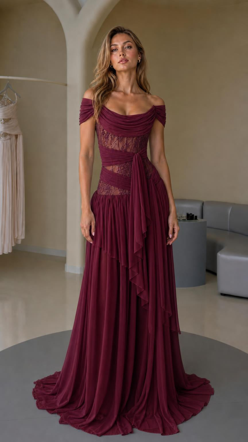 Front view of burgundy formal evening gown