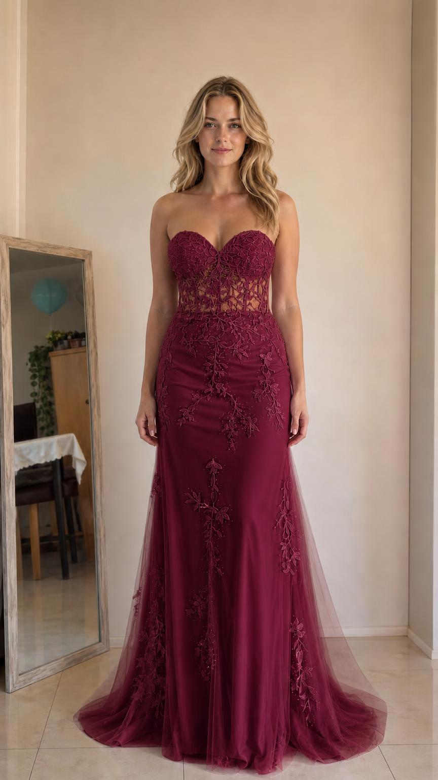 Front view of burgundy strapless mermaid evening gown