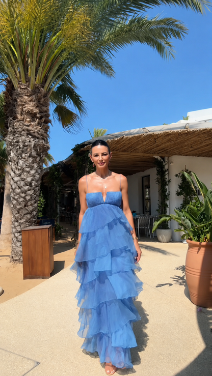 Front view of strapless tiered ruffle maxi dress in dusty blue