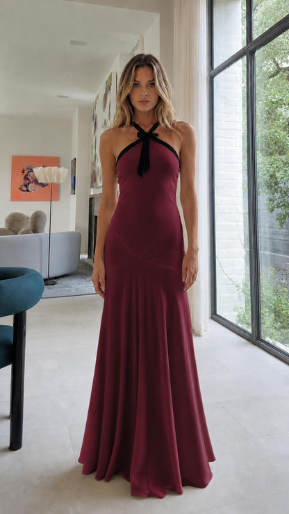 Front view of Burgundy halter neck maxi dress