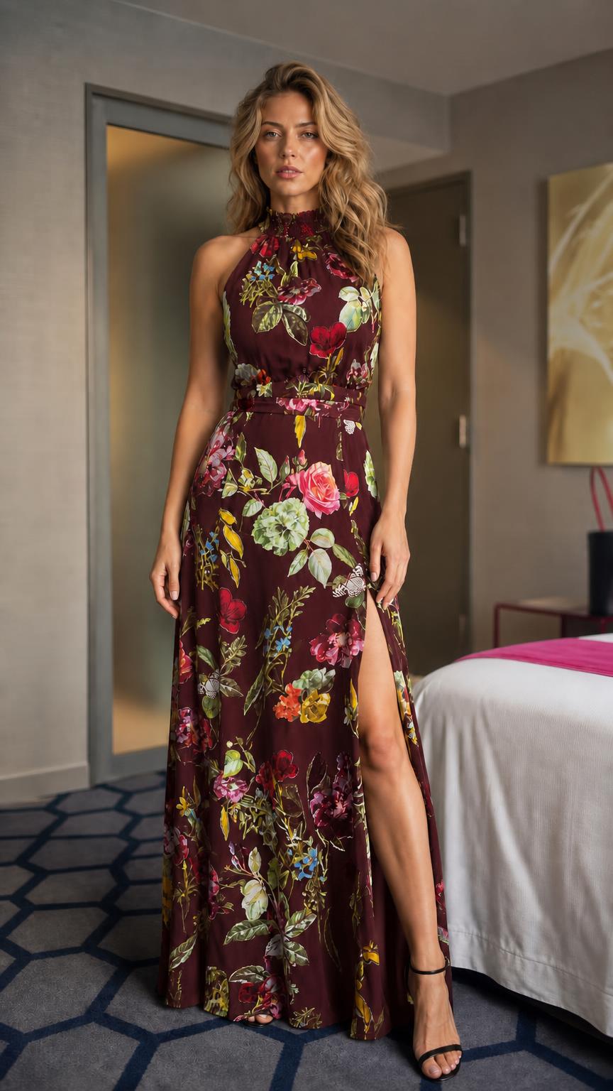Model wearing burgundy floral print maxi dress