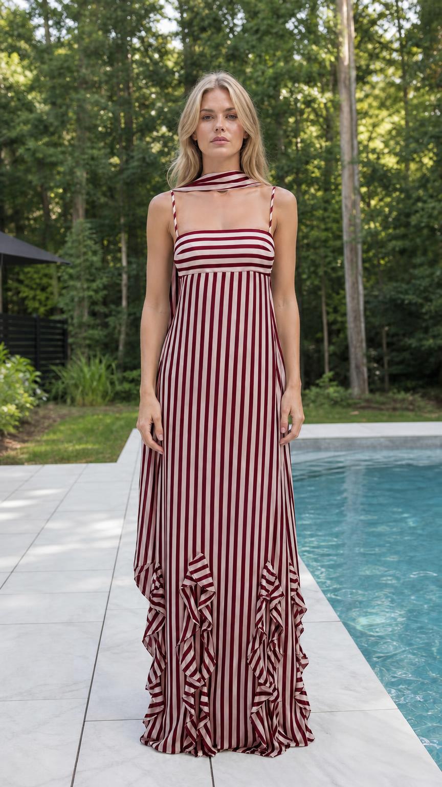 Burgundy striped maxi dress by a pool