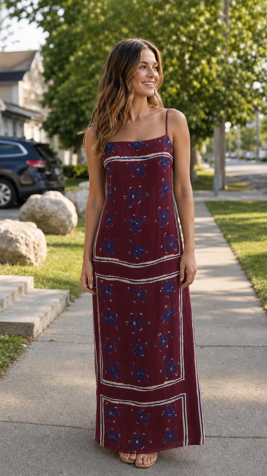 Front view of woman wearing burgundy printed maxi dress