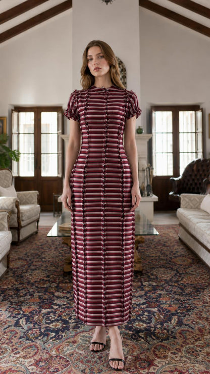 Model wearing burgundy striped maxi dress variant