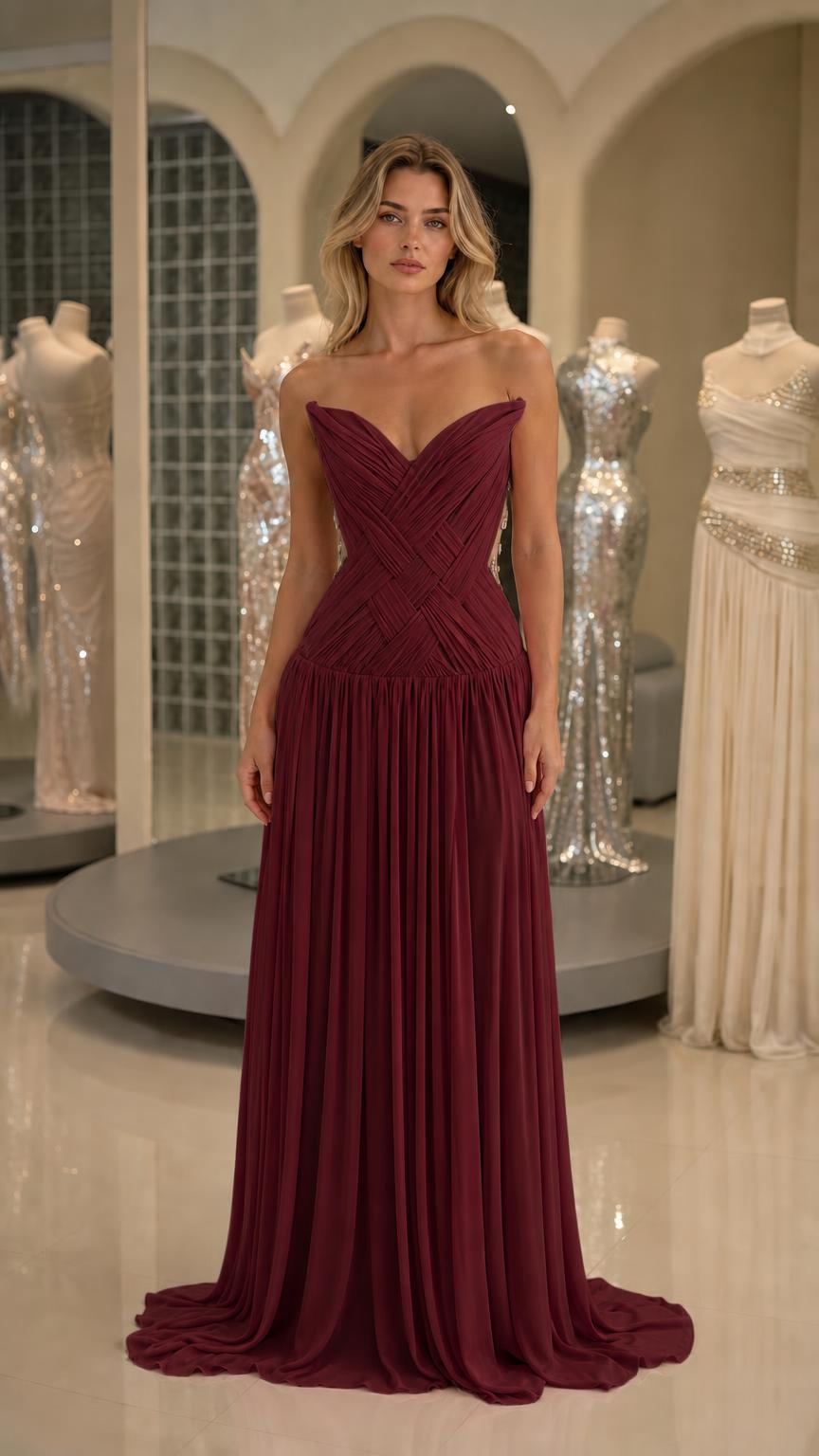 Front view of burgundy pleated strapless evening gown