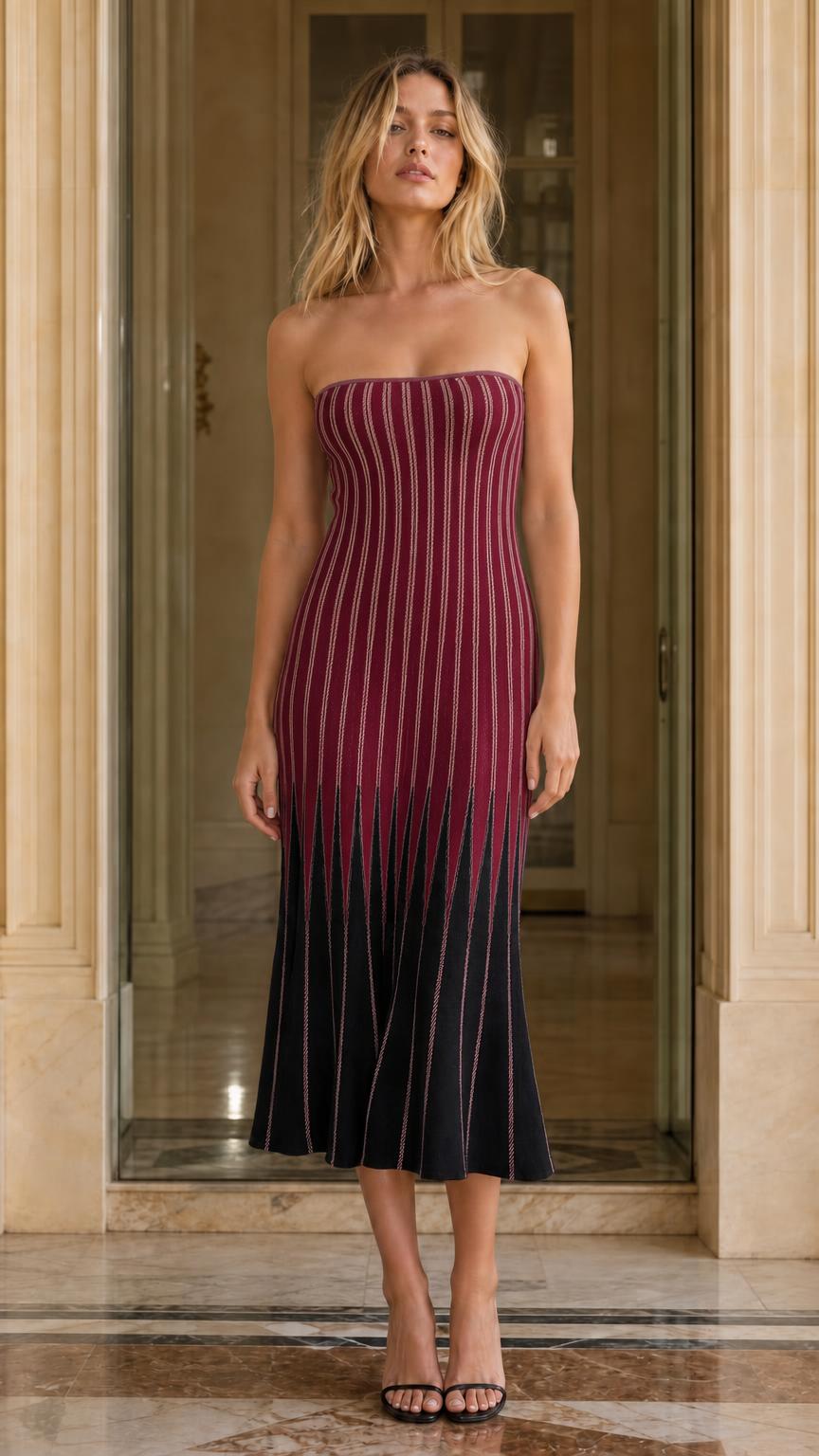 Front view of woman wearing Burgundy striped strapless midi dress