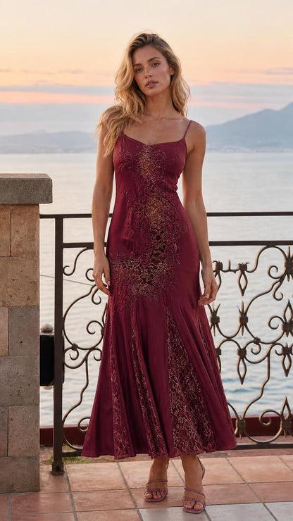 Burgundy satin lace applique maxi slip dress