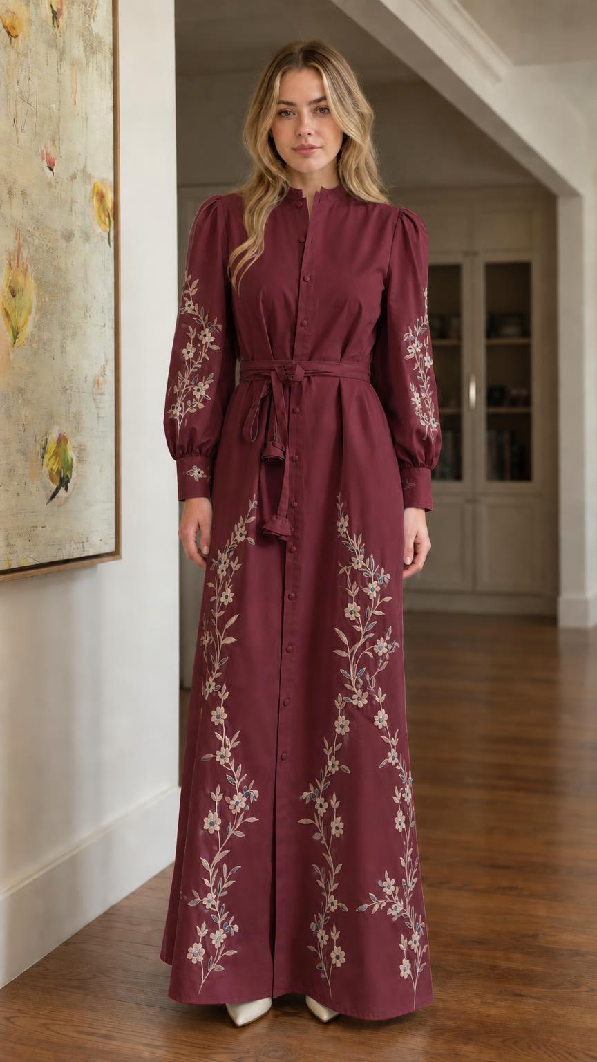 Front view of burgundy floral embroidered maxi dress