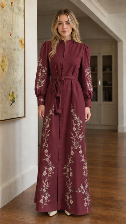 Front view of burgundy floral embroidered maxi dress